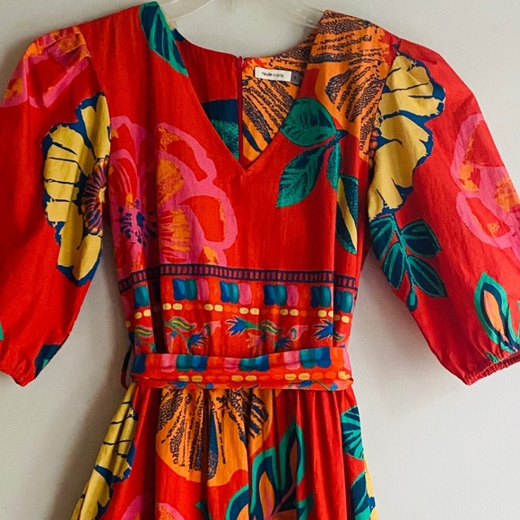 Maude Vivante Dresses & Skirts - Maude Vivante Floral Midi Dress Small Red Tropical Boho Puff Sleeve Maximalist